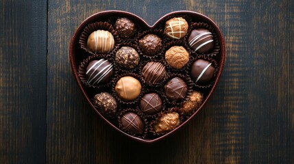 Obraz premium Elegant heart-shaped packaging filled with assorted chocolates, beautifully displayed at eye level.