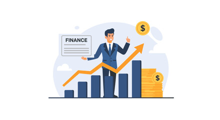 A Businessman Presenting Finance Growth, With An Upward Arrow And Increasing Financial Metrics, Depicting Investment Success, Market Analysis, And Business Strategy For Financial Planning.