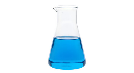 Glass flask holds blue liquid. Perfect for science visuals, lab imagery, and research-themed designs.