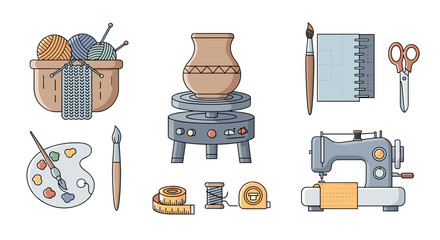 A Collection Of Crafting Tools And Supplies, Including Knitting, Pottery, Sewing, And Painting Elements, Perfect For Creative Projects And Artistic Endeavors.