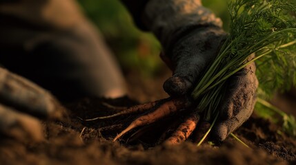 Farmer hand harvesting fresh carrots from soil at sunset, organic farming and healthy food concept