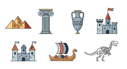A Collection Of Illustrated Ancient Elements, Including Pyramids, Columns, Amphora, Castles, Viking Ship, And Dinosaur Skeleton, Capturing History And Archaeology.