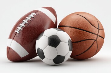 A brown football, orange basketball, and black-and-white soccer ball rest together against a stark white background, showcasing a trio of popular sports equipment
