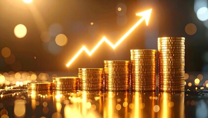 Pile of Gold Coins with Upward Arrow Graph Representing Investment Success
