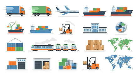 A Comprehensive Illustration Of Logistics And Transportation, Showcasing Various Modes Of Global Freight Movement, Including Air, Sea, And Land Transport, Emphasizing Worldwide Shipping And
