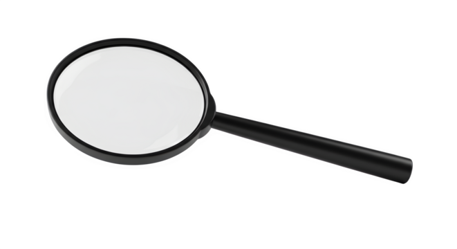 Black magnifying glass with reflection on black backdrop for detective theme, education, or science posters.