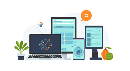 A Digital Devices Illustration Showcases Modern Technology And Connectivity, Representing The Digital World With A Laptop, Tablet, Smartphone, And Other Digital Gadgets, Suitable For