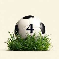 A classic black-and-white soccer ball, bearing the number four, sits nestled in vibrant green grass against a pale background