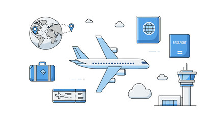 A Digital Illustration Showcases Travel Essentials, Including An Airplane, Passport, And Globe, Perfect For Commercial Travel Related Content And Promoting Airline Services And Global
