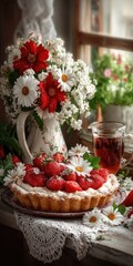 A flower arrangement, a strawberry tart, and a glass of tea by a window