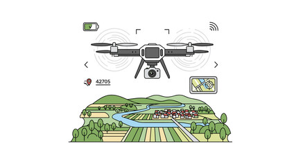 A Drone Over A Rural Landscape With Map And Location Icon, Depicting Aerial Surveying, Technology, And Modern Farming Applications. With Comprehensive Details And Informative Content For