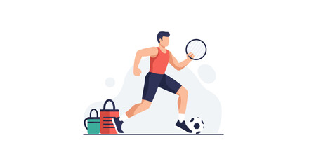 A Dynamic Illustration Of A Man Playing Soccer, With A Tennis Racket, And A Shopping Bag Alongside A Soccer Ball, Depicting A Fusion Of Sports And Lifestyle Concepts In A Minimalist Style.