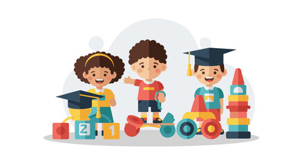 A Playful Illustration Showcasing Early Childhood Education And Learning, Featuring Adorable Cartoon Children, Colorful Toys, And Graduation Cap, Perfect For Educational Content And Design.