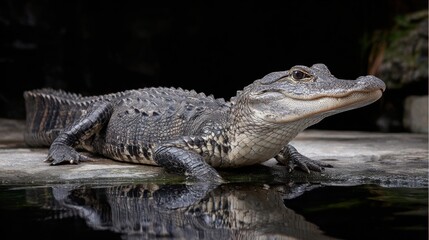 Fototapeta premium Close-Up of an Alligator Lying on a Rock Beside Calm Water