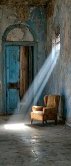 Sunbeams pierce a dilapidated room