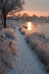 Winter sunrise path by frozen river