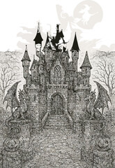 Obraz premium Spooky Castle Halloween Illustration with Dragons and Witch Silhouette