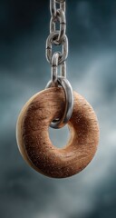 Donut-shaped ring suspended by a metal chain against a dark, cloudy backdrop