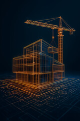 Futuristic Wireframe Tower Rising with Crane