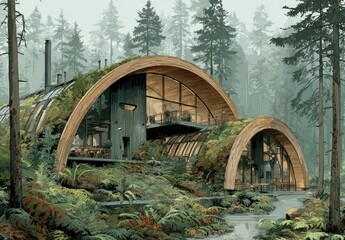Lush, rounded home nestled in misty forest