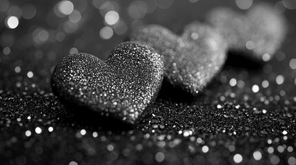 Fototapeta premium Three Glittering Hearts Resting On Sparkling Glitter
