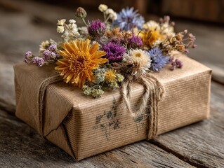 Dried flower bouquet atop a kraft paper gift box