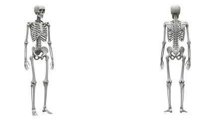 White skeletons stand, lit starkly on black. Spooky skeleton illustration for Halloween, medical illustrations, biology presentations, education, or anatomical renderings.
