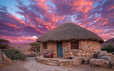 Stone hut at sunset, dramatic sky
