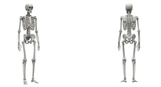 White skeletons stand, lit starkly on black. Spooky skeleton illustration for Halloween, medical illustrations, biology presentations, education, or anatomical renderings.