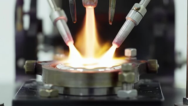 Detailed Close Up View of Electrorefining Process in Precious Metal Production Showing Bright Flames Refining Metal on Metallic Surface at Eye Level with Bright Lighting and Plain White Background