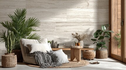 Beige-toned, boho-chic living area with natural textures