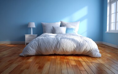 Cozy bedroom with light-blue walls, white bedding, and sunlight