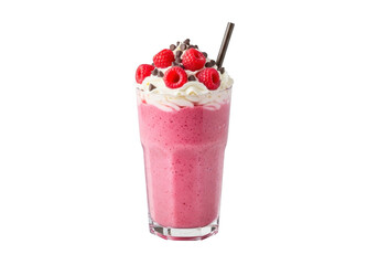Pink smoothie with whipped cream and berries isolated on transparent background