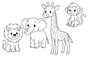 Fototapeta premium Coloring for children and adults, coloring of the animal world, elephant, monkey, lion, giraffe.