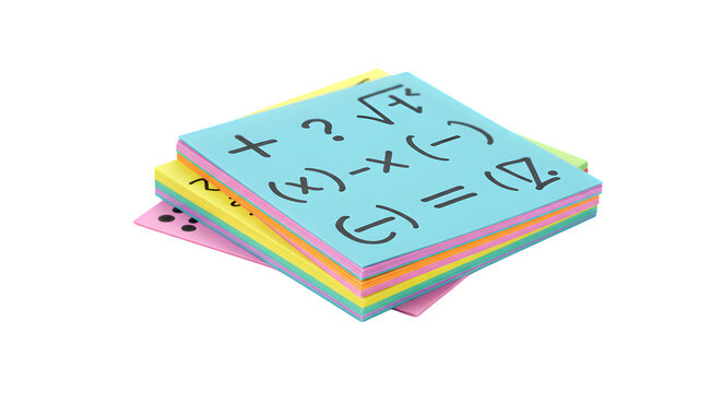 Colorful stack of notepads with math symbols on black shows a creative paper texture. Ideal for posters or branding.