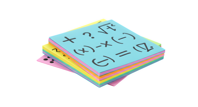 Colorful stack of notepads with math symbols on black shows a creative paper texture. Ideal for posters or branding.