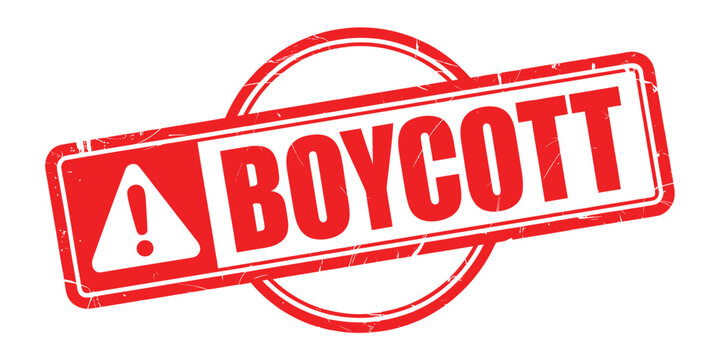 Red stamp with boycott text and warning symbol