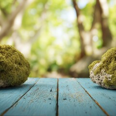 Moss-covered rocks on weathered blue wooden planks, out-of-focus forest background