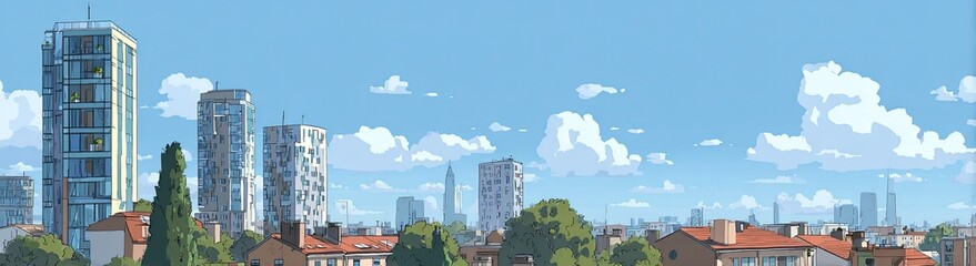 Cityscape with tall buildings, sunny sky, and puffy clouds