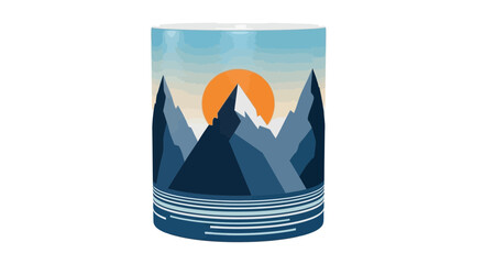 Minimalist flat design mountain sunrise mug graphic.