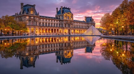 Parisian landmark, Louvre Pyramid, reflected in calm water at sunset