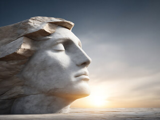 a serene 3d rendering of a colossal stone statue's face with closed eyes and a peaceful expression