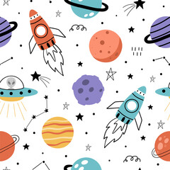 Seamless pattern with cute planets, stars, ufo, earth, constellations, rockets, space, saturn on white background. Creative kids texture for fabric, prints, wallpaper, decorations, textiles.