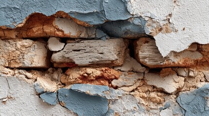 Peeling paint, crumbling brick wall