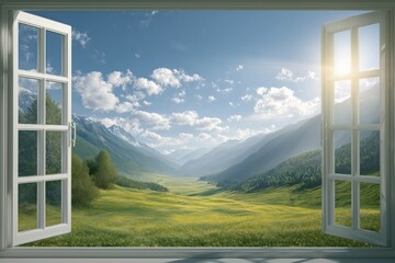 an open window reveals a beautiful landscape - a green meadow and a blue sky