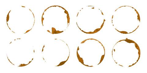 Coffee cup stains set. Brown circular coffee rings and splashes on white background. Realistic beverage marks collection for design, cafe menu decoration. Vector illustration.