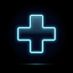 Blue neon medical cross sign. Glowing pharmacy or healthcare symbol on dark background. Bright illuminated plus icon for clinic, hospital, or drugstore. 3D realistic vector illustration.