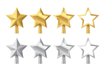 Christmas golden and silver tree topper set vector illustration. Realistic 3D silver and gold star decorations. Decorative traditional top of Xmas pine tree in winter season isolated on transparent.