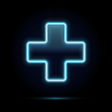Blue neon medical cross sign. Glowing pharmacy or healthcare symbol on dark background. Bright illuminated plus icon for clinic, hospital, or drugstore. 3D realistic vector illustration.