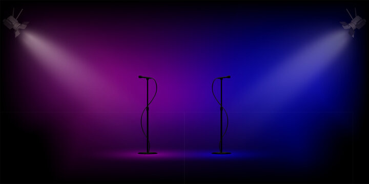 Microphones with spotlights. Two mic stands under purple and blue beams on smoky dark background for concert, karaoke, performance, show or music battle event. Realistic vector design.